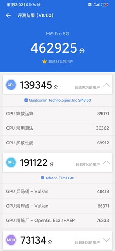 小米9 Pro 5G跑分成绩为462925分