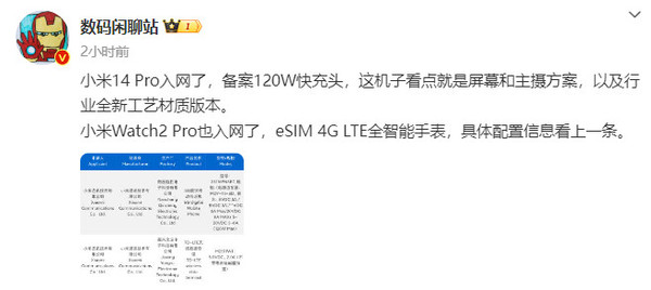 小米14 Pro入网！支持120W快充 升级了屏幕和主摄