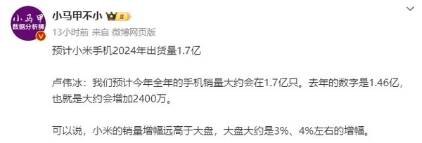 卢伟冰：预计今年小米手机销量为1.7亿台 同比多2400万